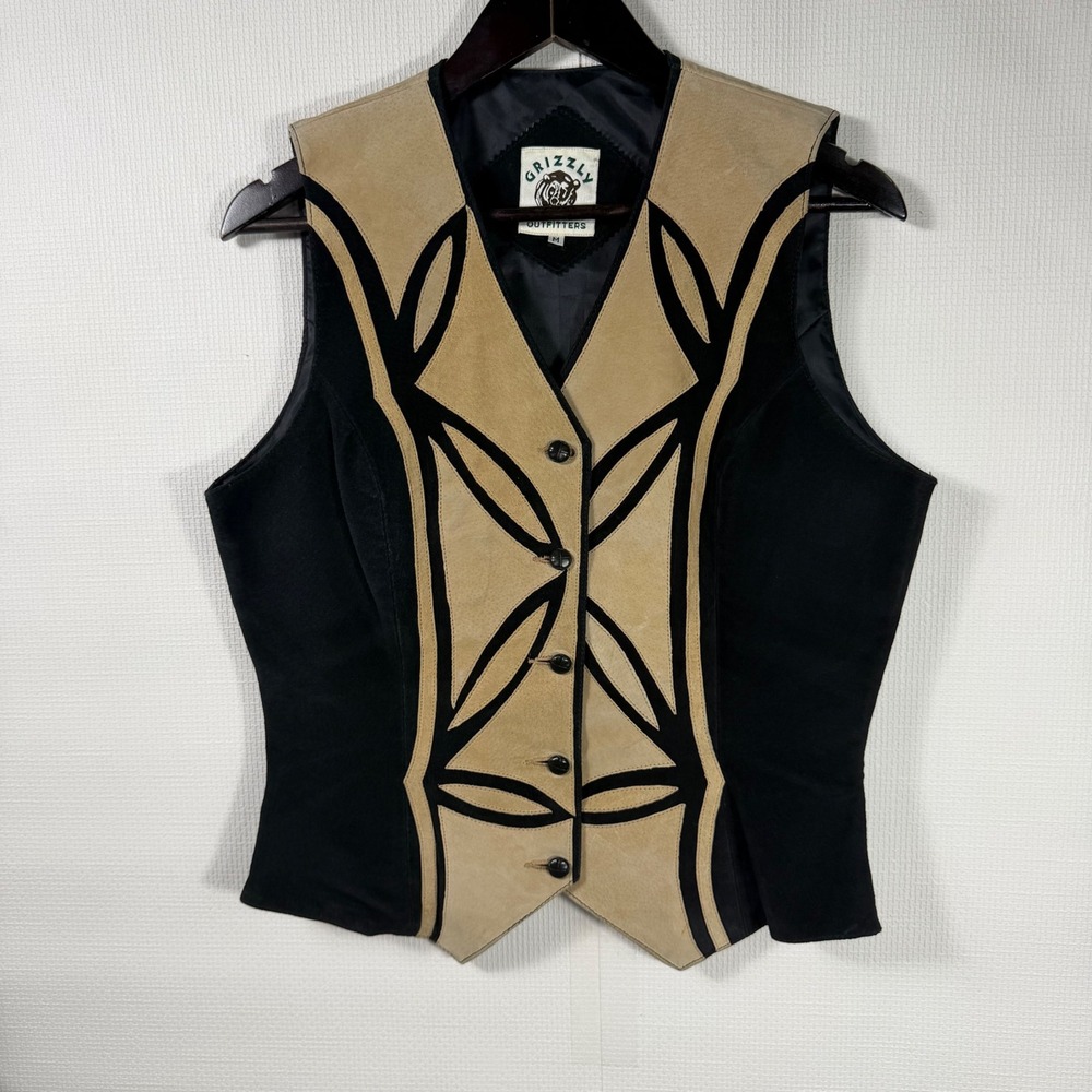 Grizzly Outfitters Vintage Suede Vest Tan Black Western Boho Geometric Women M